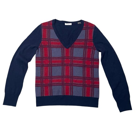 Equipment Femme Cecile V-Neck Sweater Wool Yak Blend Plaid Red Blue Size Medium - Picture 1 of 8